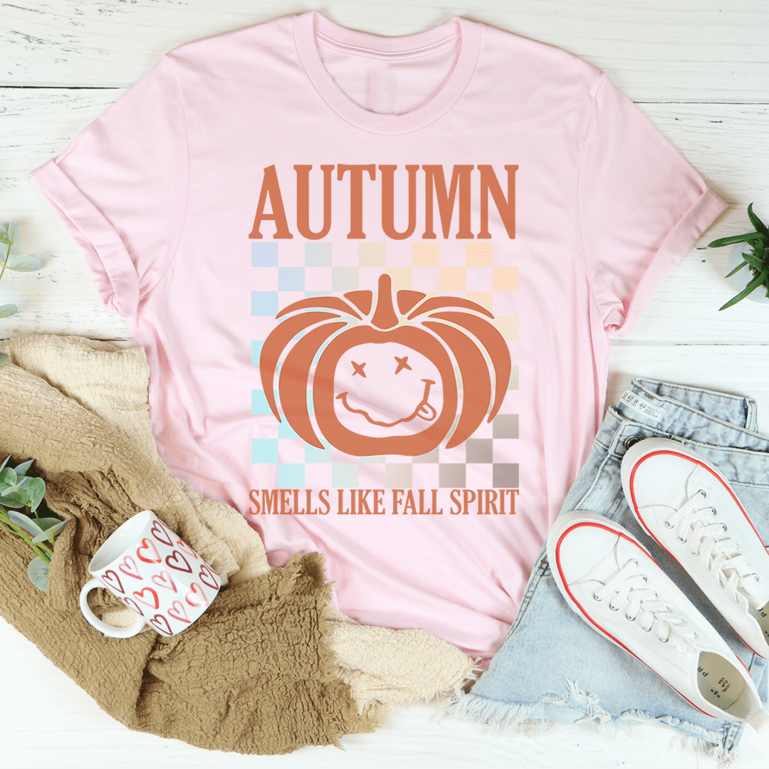 Pink crewneck t-shirt with AUTUMN pumpkin graphic and SMELLS LIKE FALL SPIRIT text