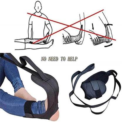 Yoga stretching support strap in use, black ankle cuff with long belt.