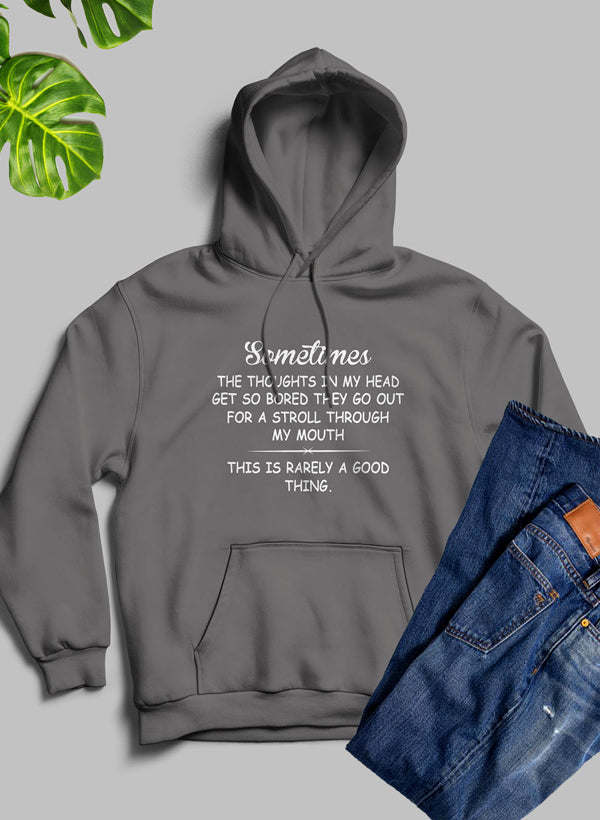 Dark heather gray pullover hoodie with hood and kangaroo pocket, chest text graphic