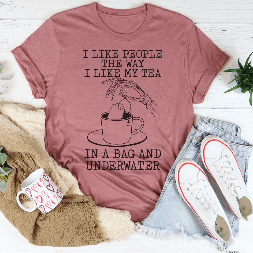 Mauve short-sleeve crewneck T-shirt with tea cup graphic and quote text