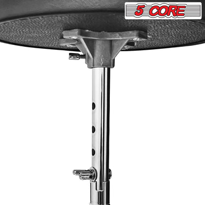 Black padded drum throne seat with underside bracket on chrome height post