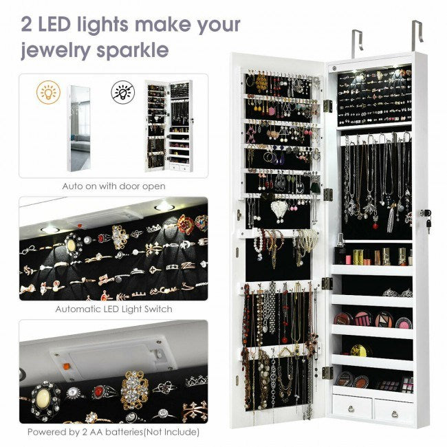 Mirrored jewelry cabinet with built-in LED lights and organized earring and necklace storage