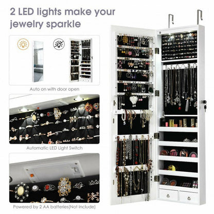 Mirrored jewelry cabinet with built-in LED lights and organized earring and necklace storage
