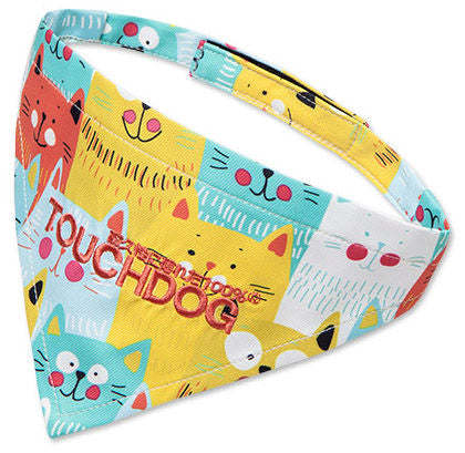 Cat print dog bandana in blue, yellow, and teal with Velcro closure