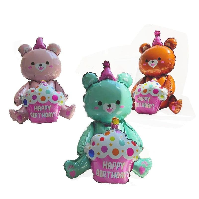 Three bear foil balloons on white background: pink, teal, and orange, each with "Happy Birthday"