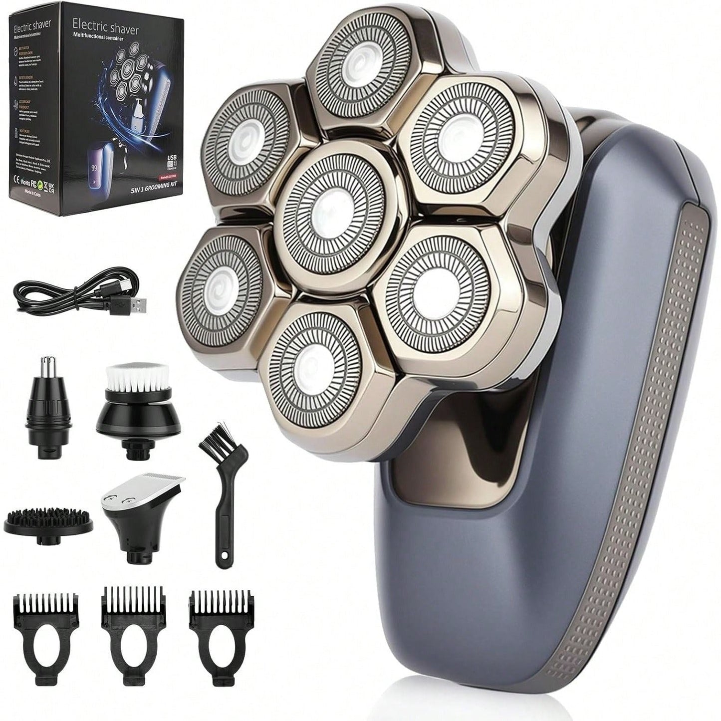 Electric rotary shaver and grooming attachments, dark blue handle with five heads