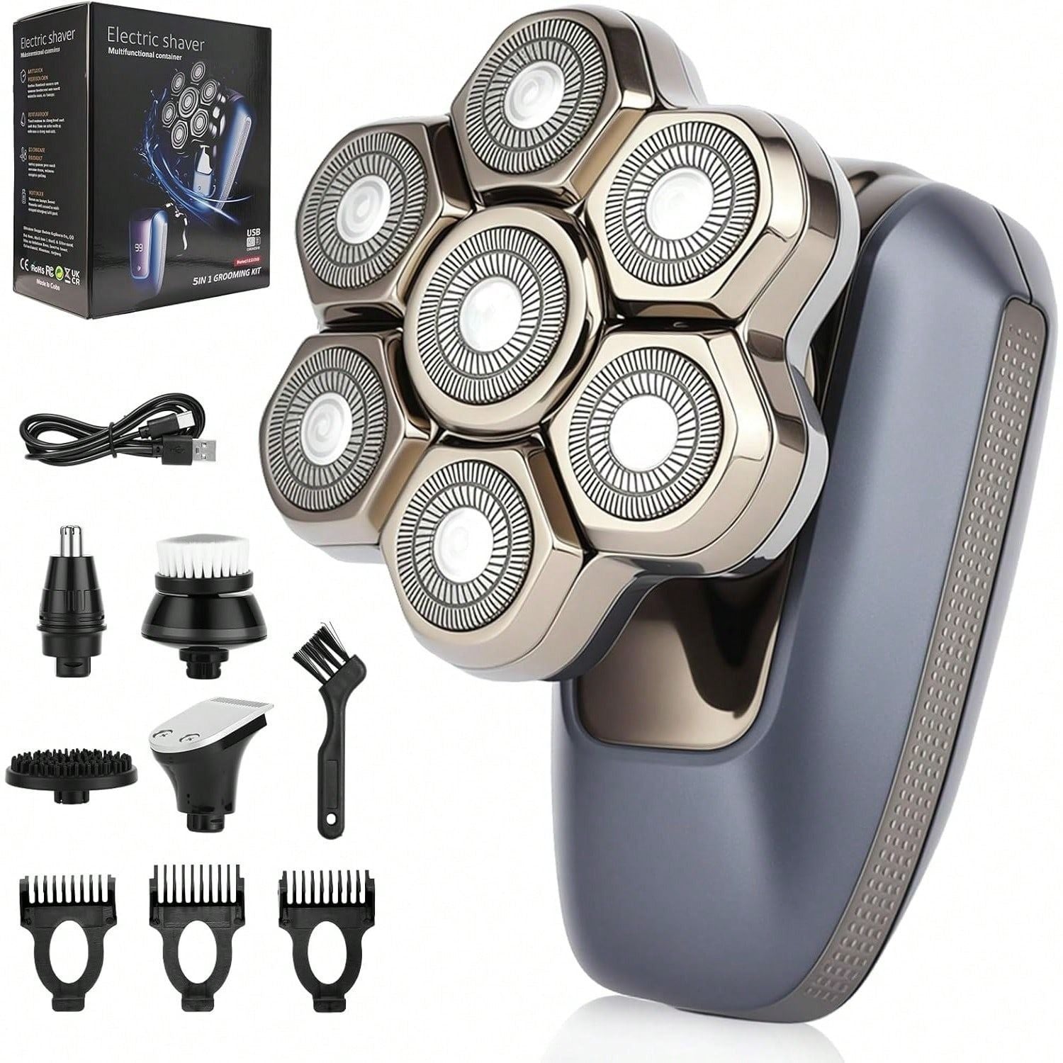 Electric rotary shaver and grooming attachments, dark blue handle with five heads
