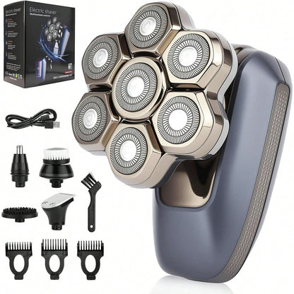 Electric rotary shaver and grooming attachments, dark blue handle with five heads