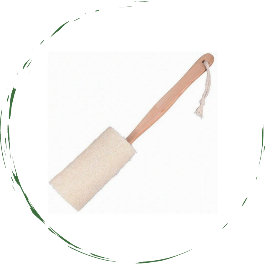 Loofah bath brush with wooden handle and beige exfoliating pad