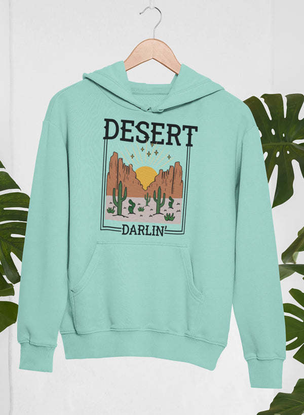 Dusty teal hoodie with Desert Darlin' chest graphic, front kangaroo pocket, hood drawstrings.