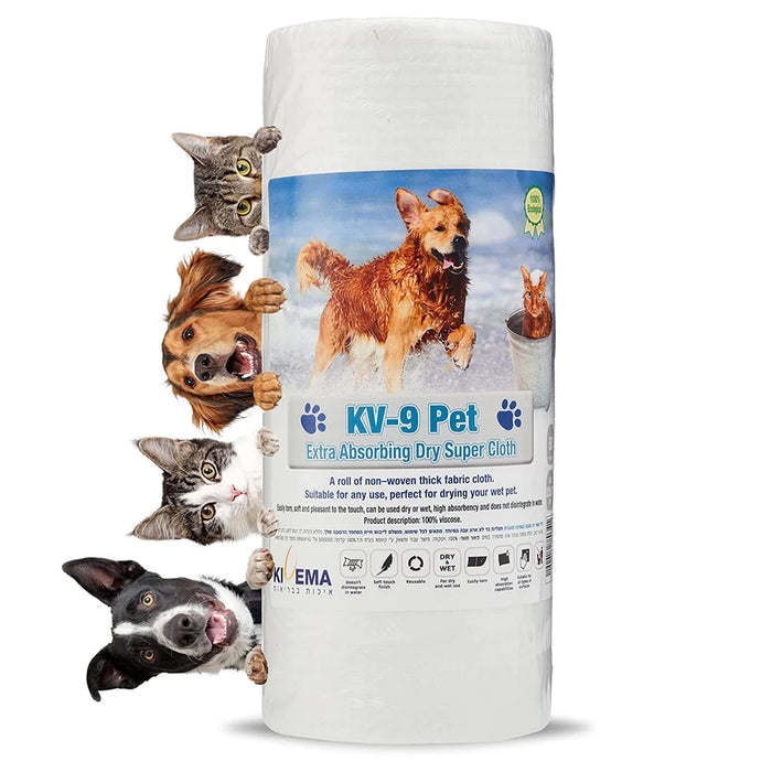 White roll of absorbent pet dry cloth wipes with small dog and cat figures