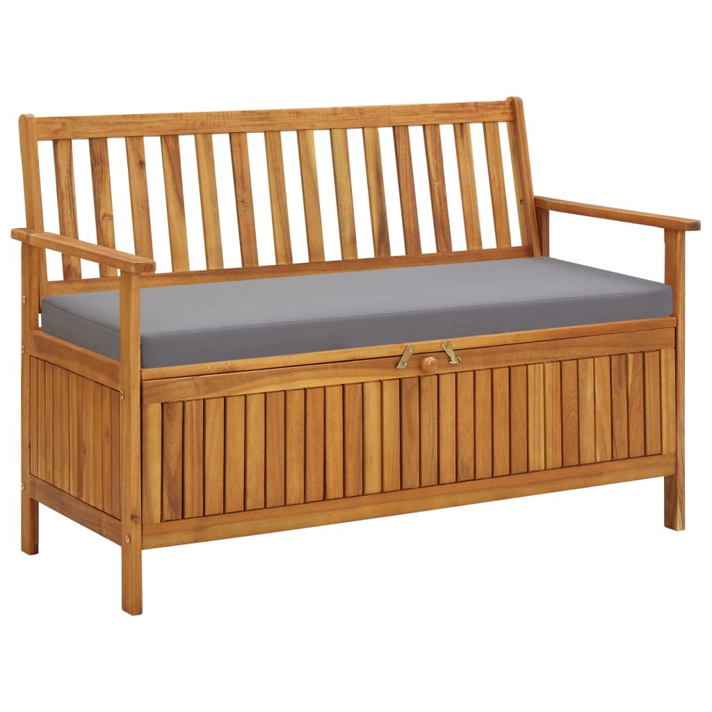 Garden storage bench with slatted acacia wood frame and gray cushioned seat