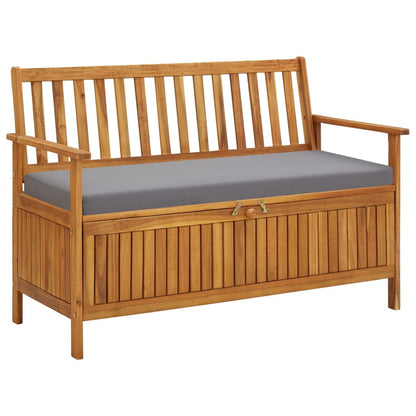 Garden storage bench with slatted acacia wood frame and gray cushioned seat