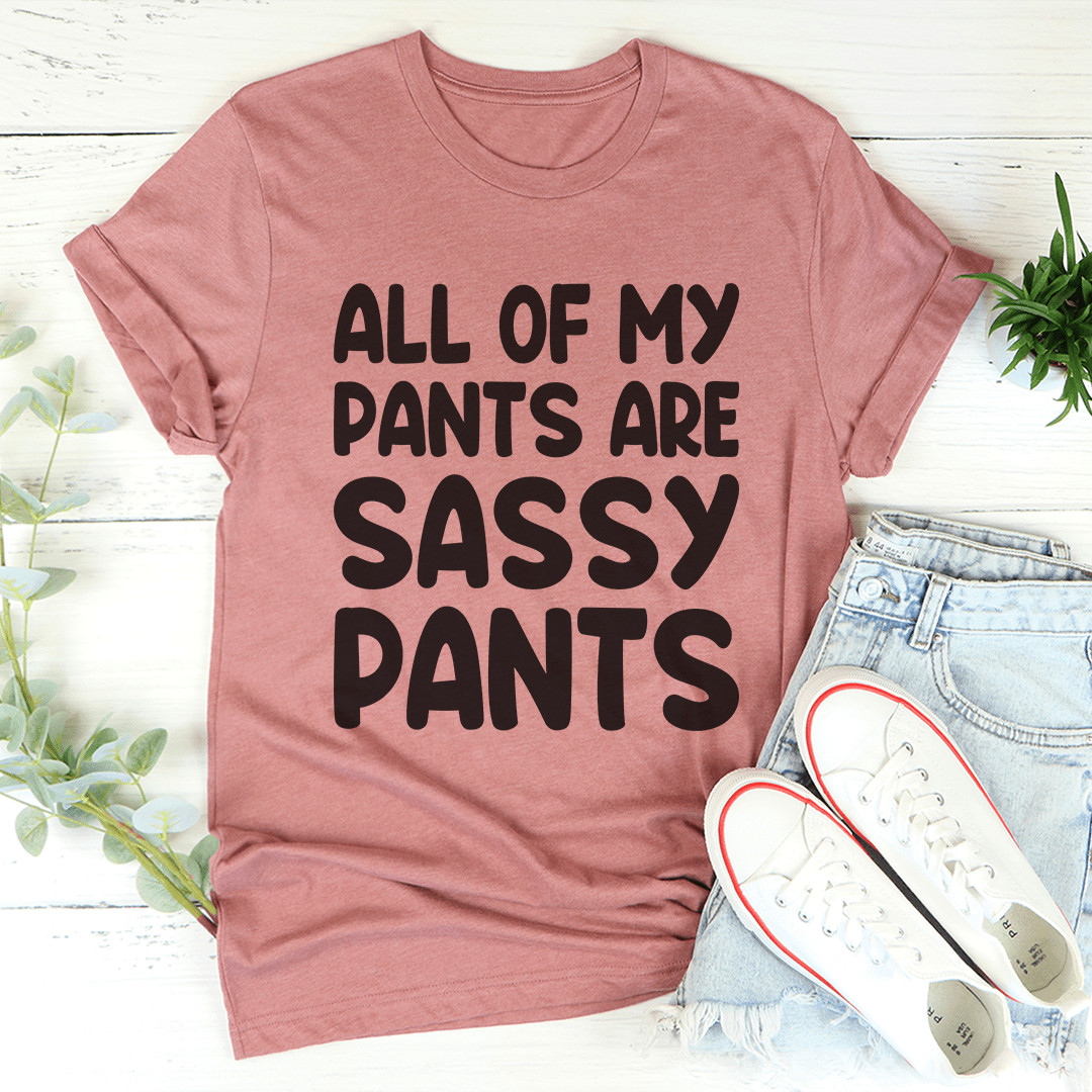 Rose mauve T-shirt with 'ALL OF MY PANTS ARE SASSY PANTS' text graphic