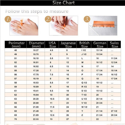 Ring size chart table with perimeter and diameter measurements across sizes.