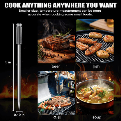 PSJX369 BBQ Meat Thermometer-SUS304 Stainless Steel with Bluetooth 5.2 Connectivity (700ft range), 24-hour battery life, 1-second response time. Features probe temperature display and audible alarm.