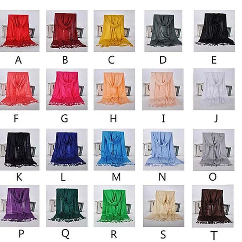 Fringed pashmina shawl color swatch grid, multiple solid shades