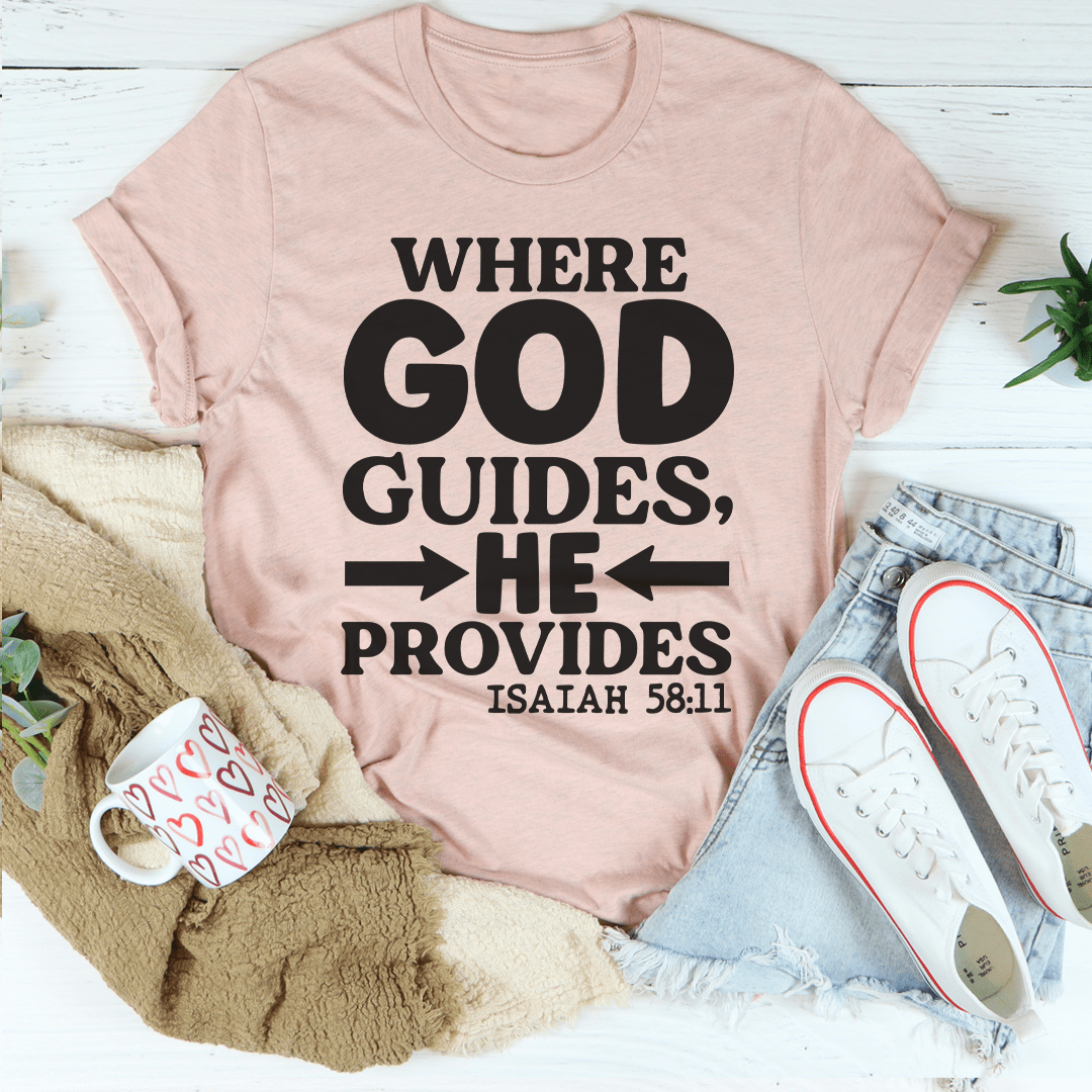 Mauve short-sleeve T-shirt featuring bold black slogan graphic, Isaiah 58:11