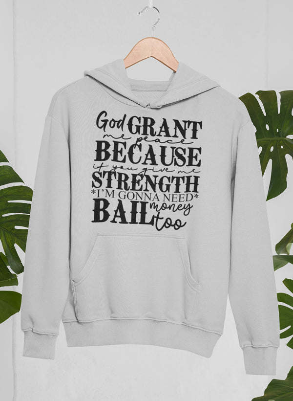 Light gray pullover hoodie with hood and front quote graphic, kangaroo pocket