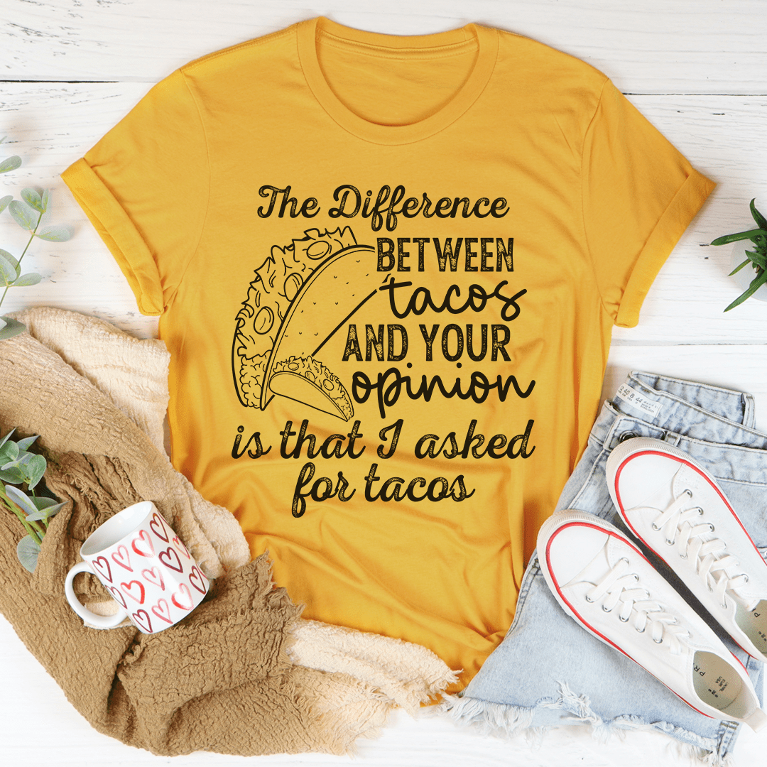 Mustard crewneck short-sleeve graphic T-shirt with taco-themed quote on front