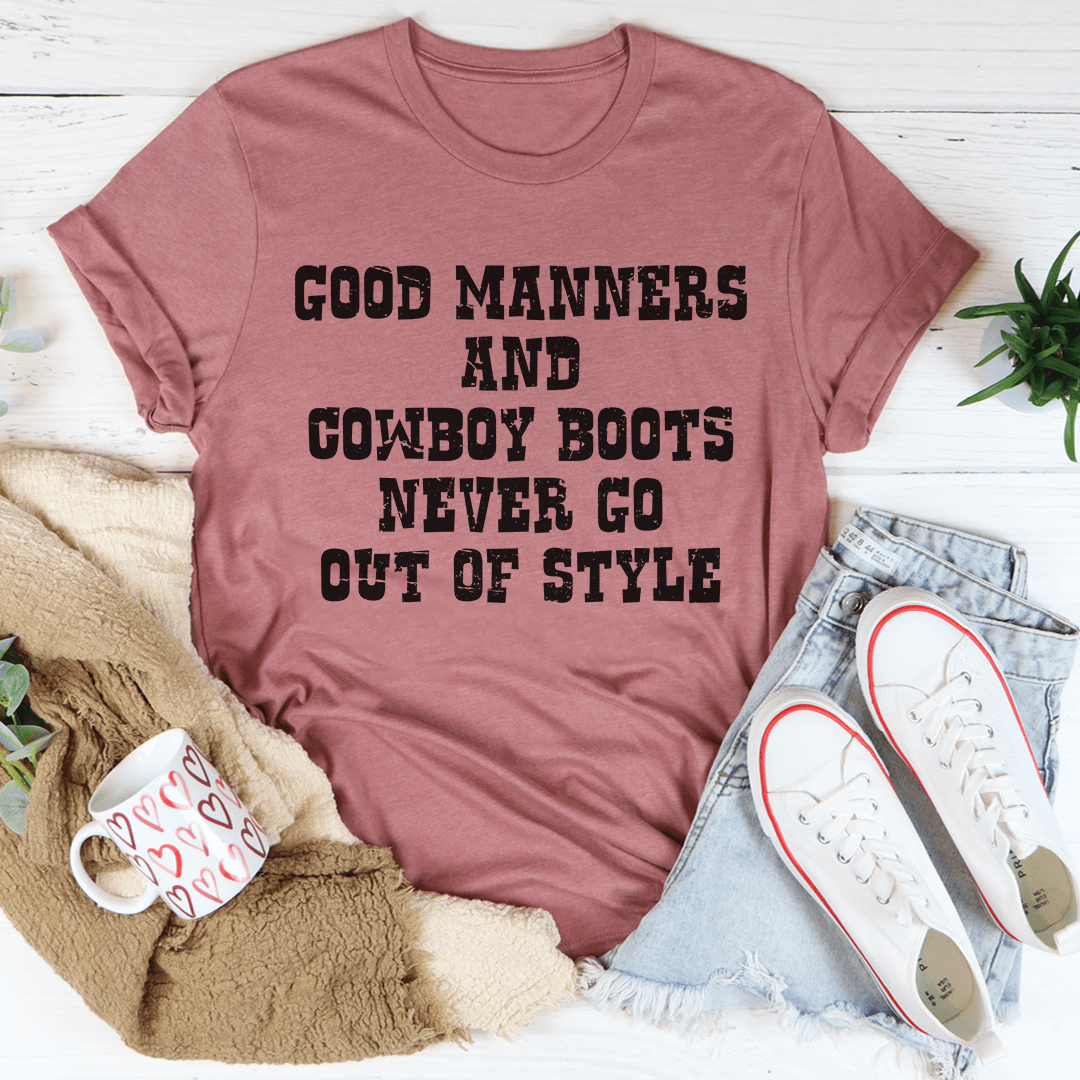 Mauve crew-neck T-shirt with bold cowboy boots slogan graphic in dark print