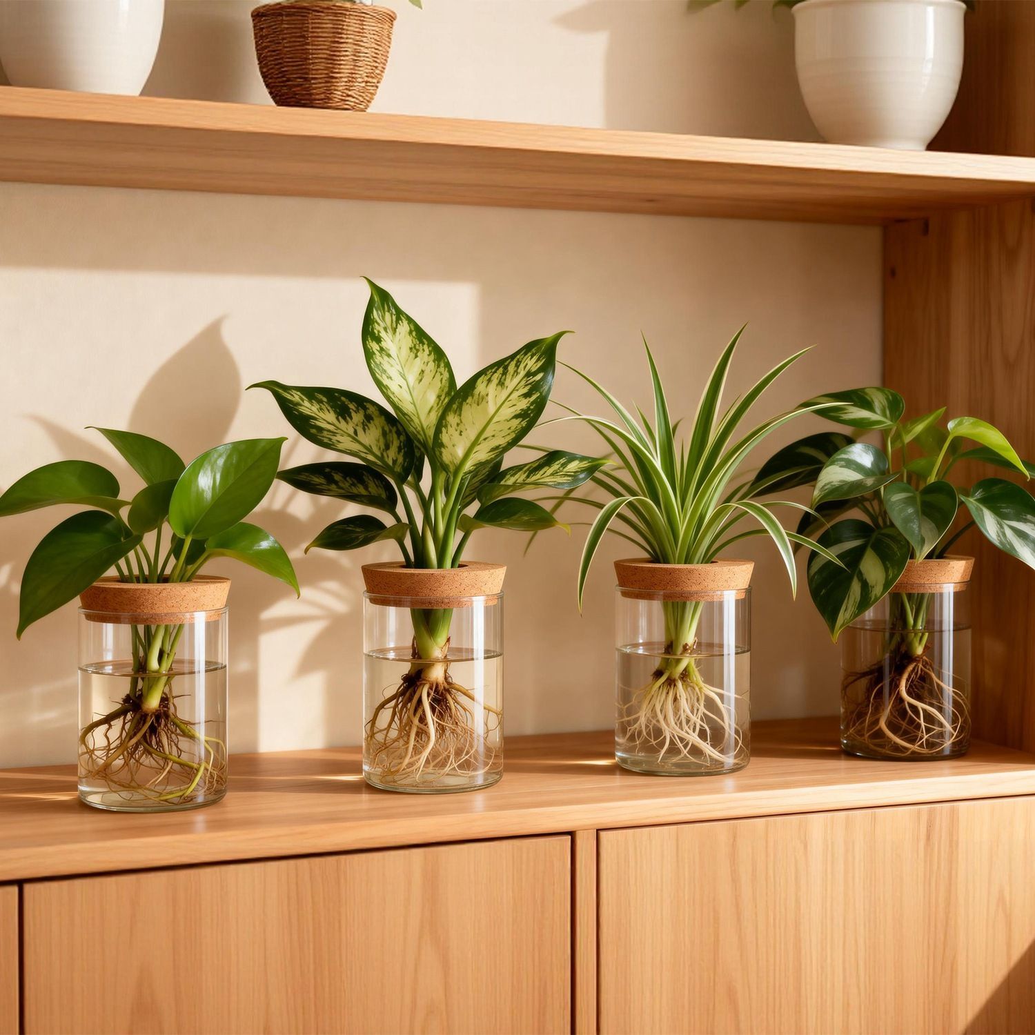 Set of four clear glass propagation vases with cork lids on a shelf