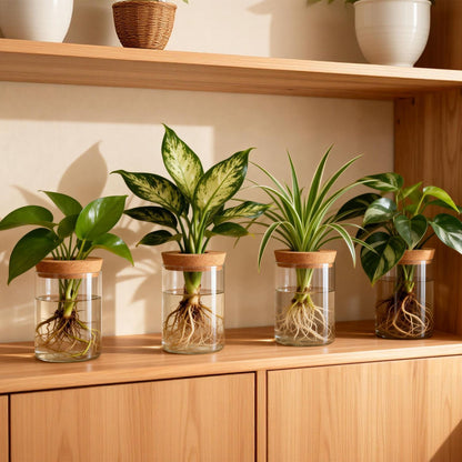 Set of four clear glass propagation vases with cork lids on a shelf