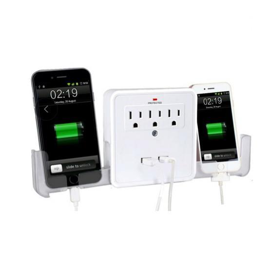 White wall power adapter with three AC outlets, dual USB ports, and phones charging