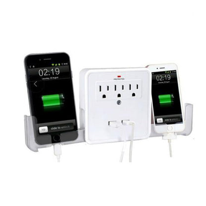 White wall power adapter with three AC outlets, dual USB ports, and phones charging