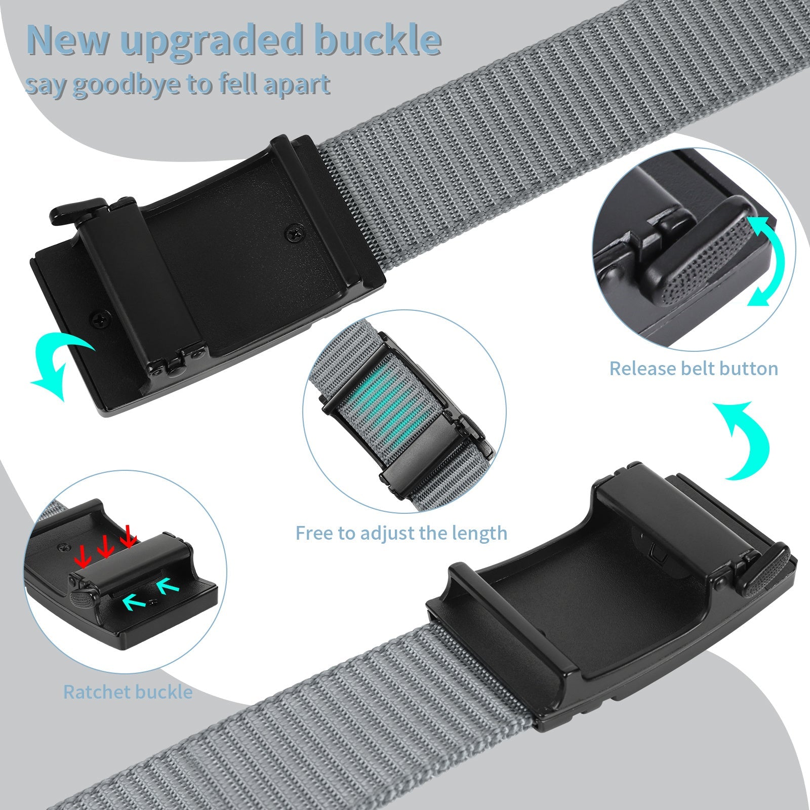 Gray nylon ratchet buckle belt with adjustable slide and release button, close-up