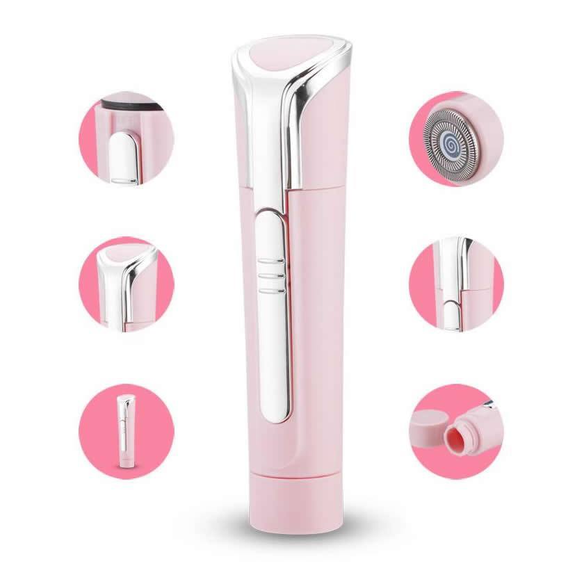 Pink 4-in-1 beauty grooming wand with rotating metal head and slim handle