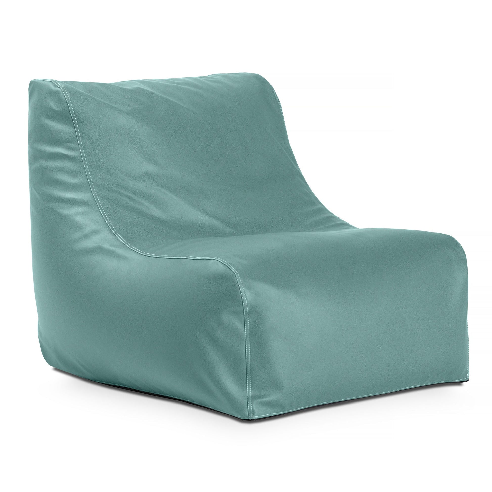 Waterfall blue bean bag chair with rounded arms and low back, vinyl upholstery
