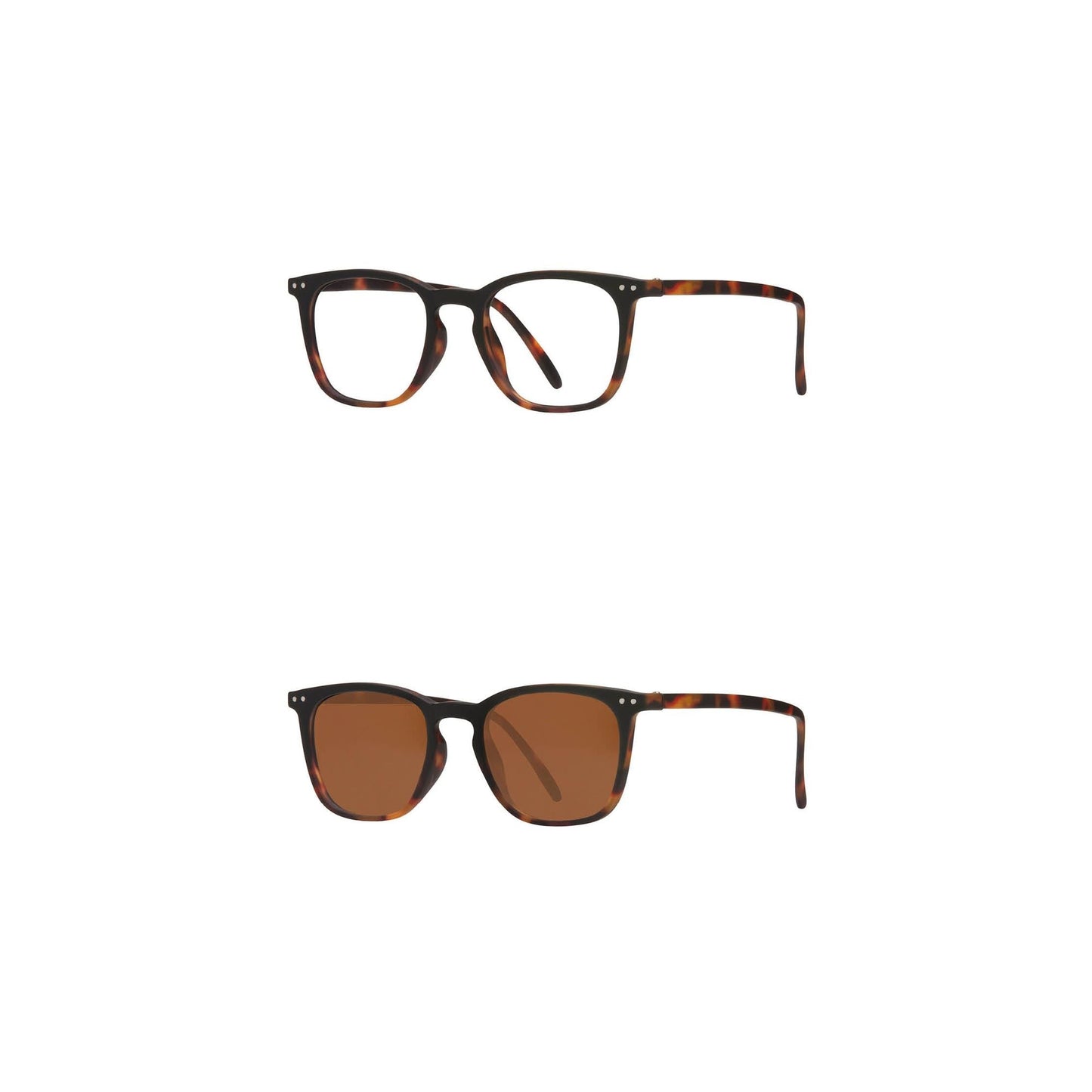 Reading glasses bundle with tortoise frames, clear lenses on top and dark brown tinted lenses below
