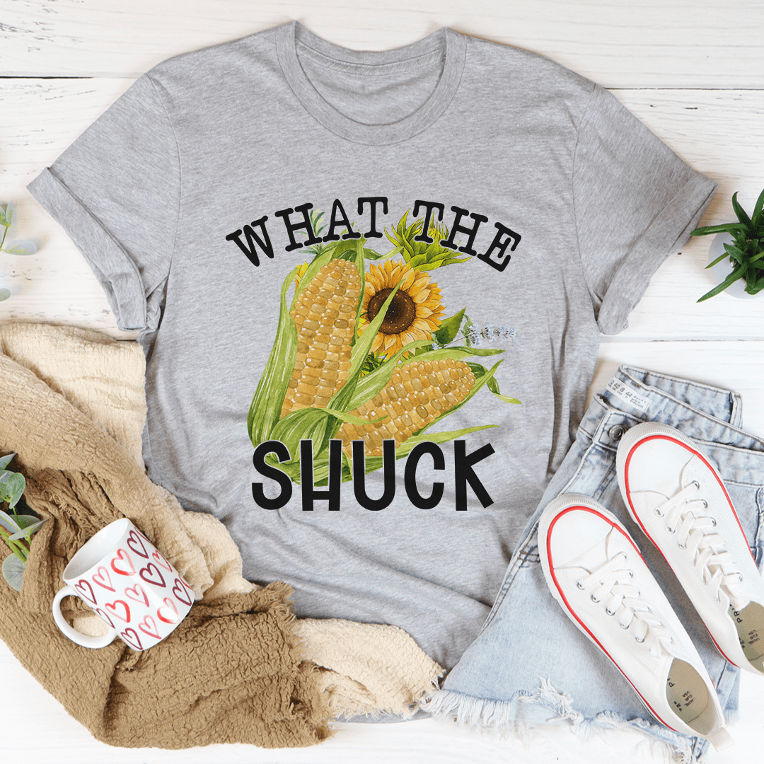 Gray T-shirt with corn graphic and text "What the Shuck"