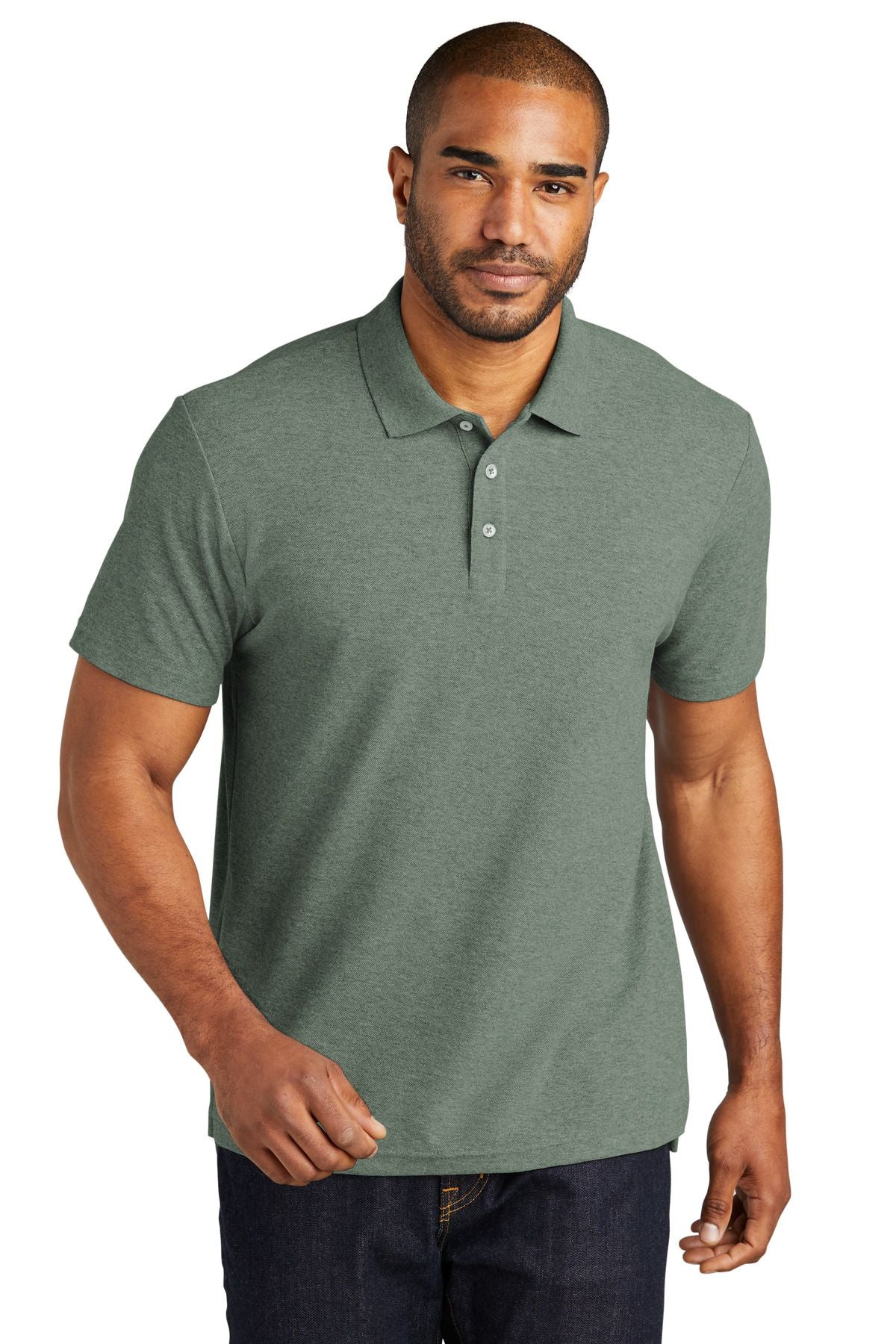 Cotton blend pique polo shirt in dark green heather with short sleeves and button placket