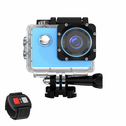 Blue waterproof action camera in clear case with black mount and small remote strap