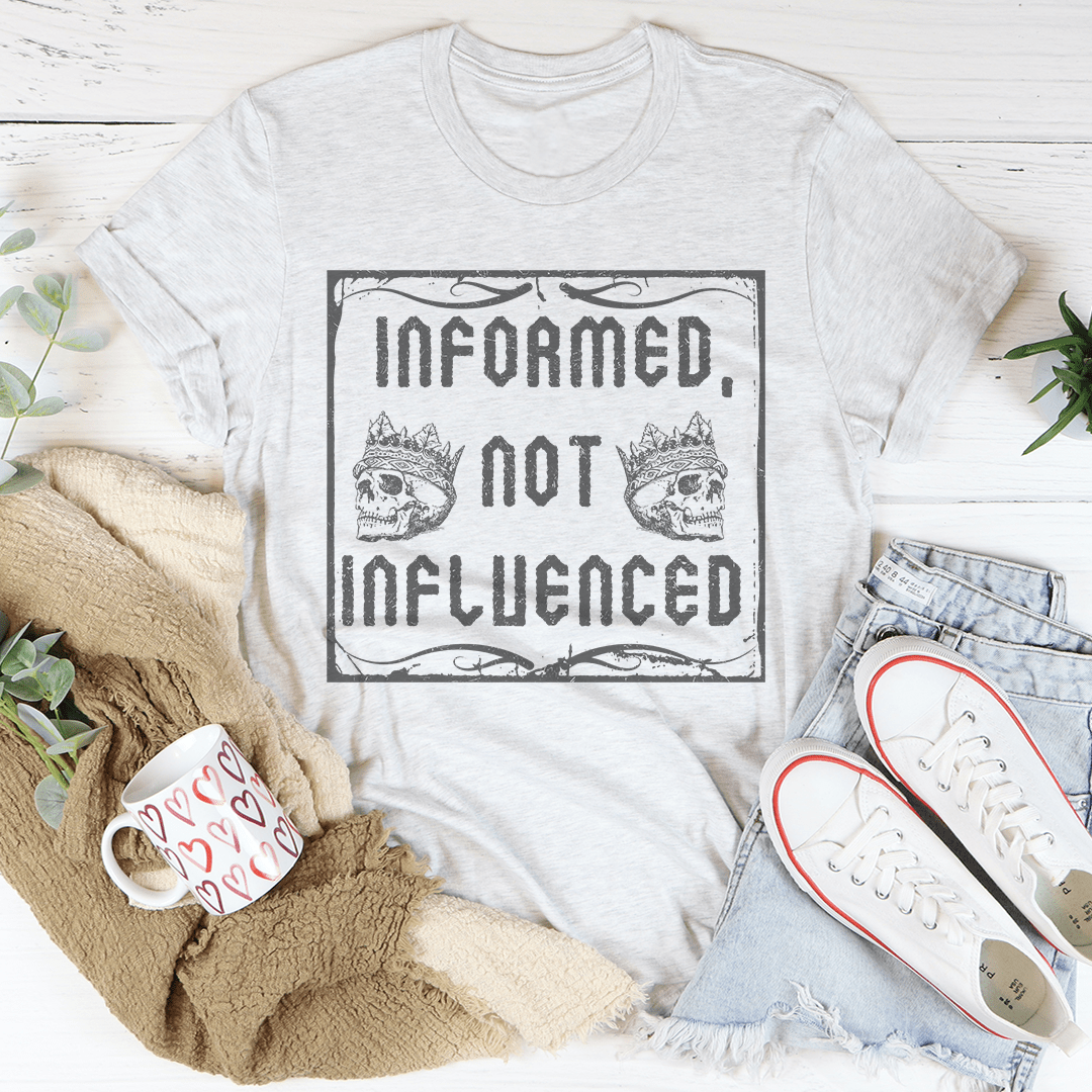 Light gray crewneck T-shirt with distressed 'Informed not influenced' graphic print