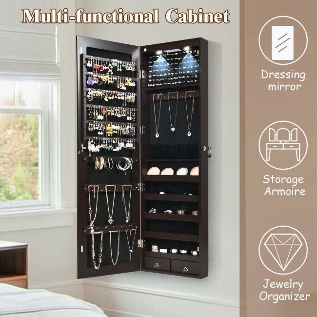 Black mirrored jewelry cabinet with built-in lights and open jewelry organizer