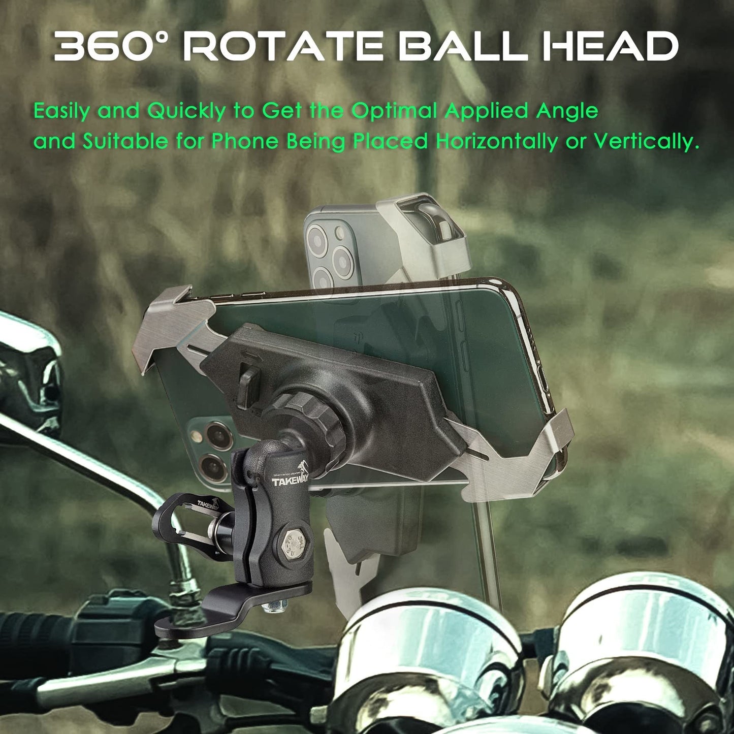 Motorcycle phone mount with 360° rotating ball head and phone cradle