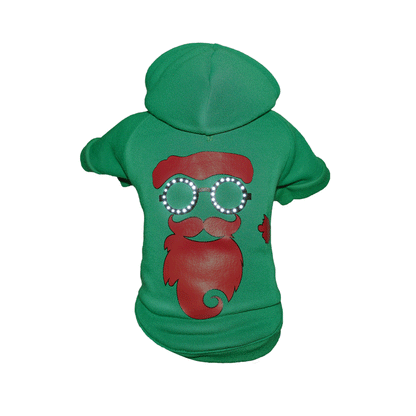 Green hooded pet sweater with red beard graphic and round LED-style eye lights