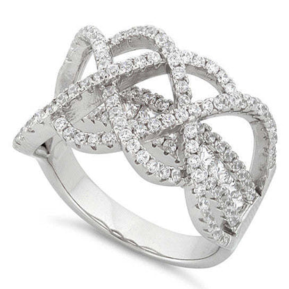 Silver infinity double CZ ring with glittering crossover bow-like design