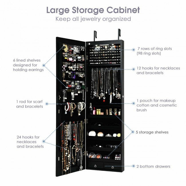 Mirrored jewelry cabinet with lights, labeled storage sections including drawers and ring slots
