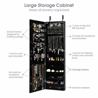 Mirrored jewelry cabinet with lights, labeled storage sections including drawers and ring slots