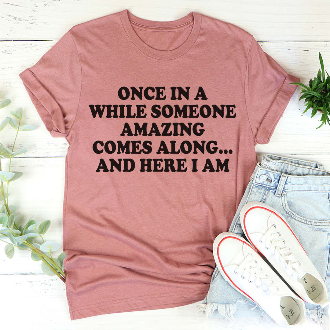 Mauve crew-neck short-sleeve t-shirt with centered black slogan text graphic
