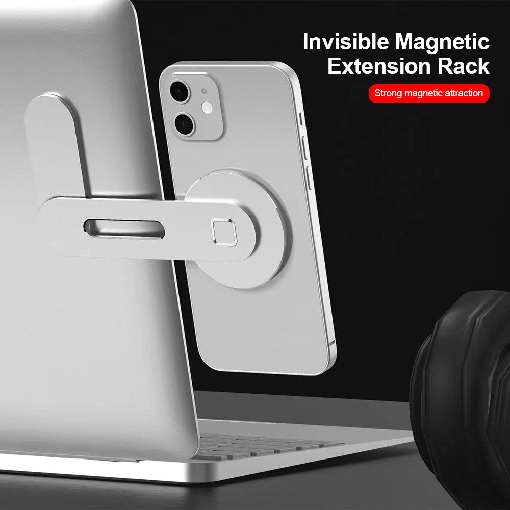 Silvery magnetic phone holder extension rack with circular mount and sliding arm.