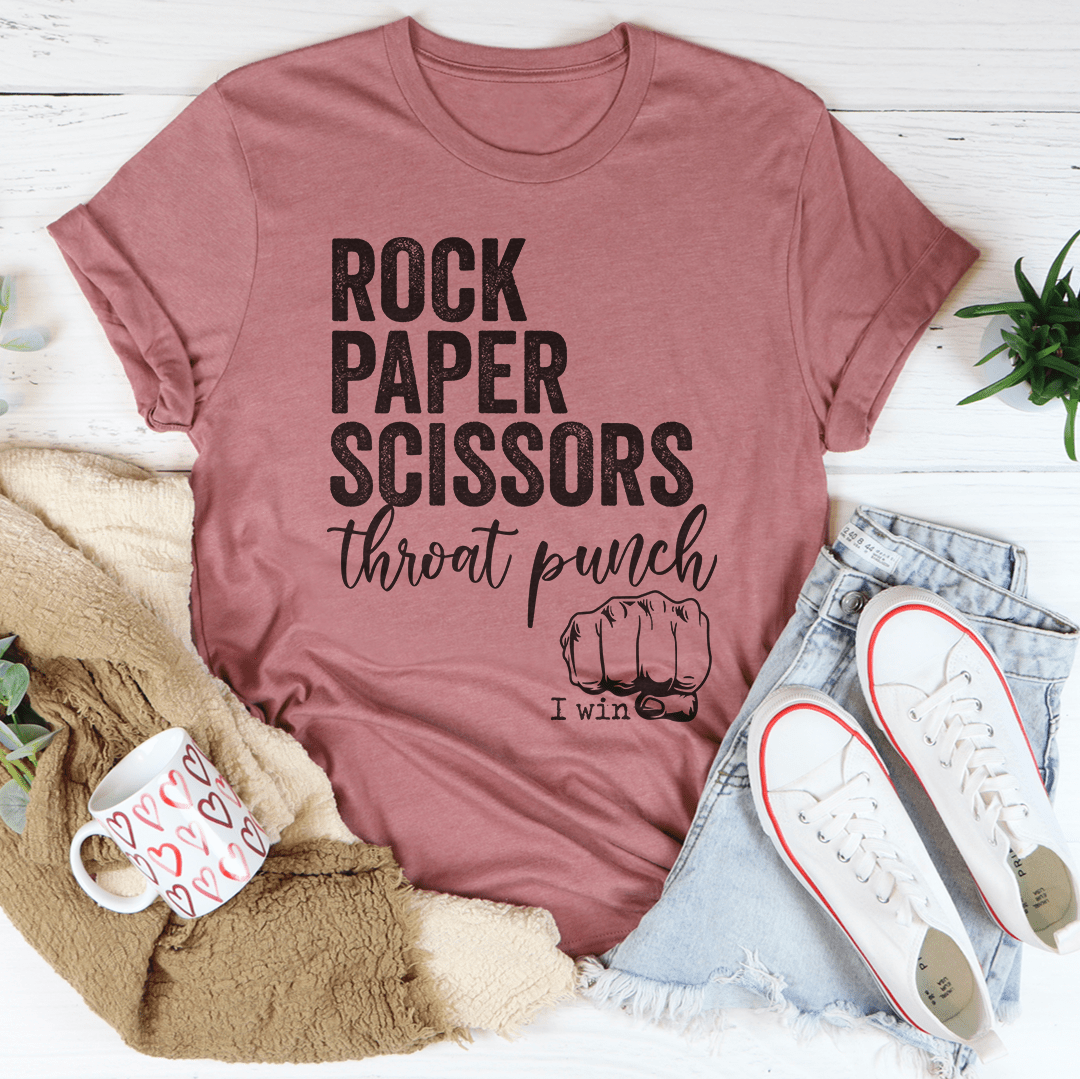 Mauve crewneck T-shirt with Rock Paper Scissors graphic, 'throat punch' and 'I win'