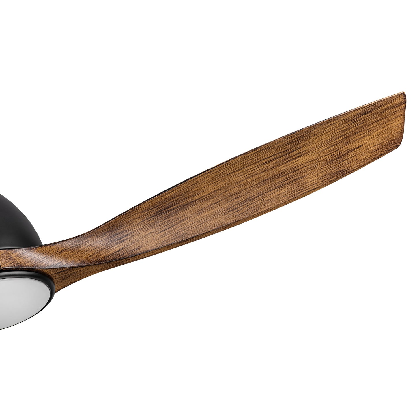 Brown wood ceiling fan blade with visible grain and curved edge
