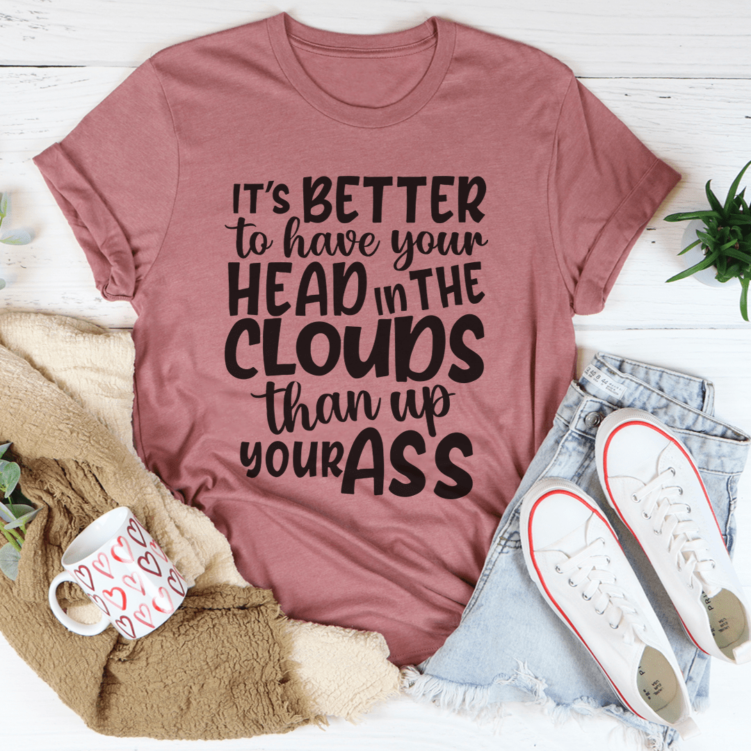 Heather peach T-shirt with cloud quote graphic at center chest, crew neck.