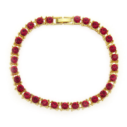 Red rhinestone link bracelet with gold-tone rectangular clasp and round stones