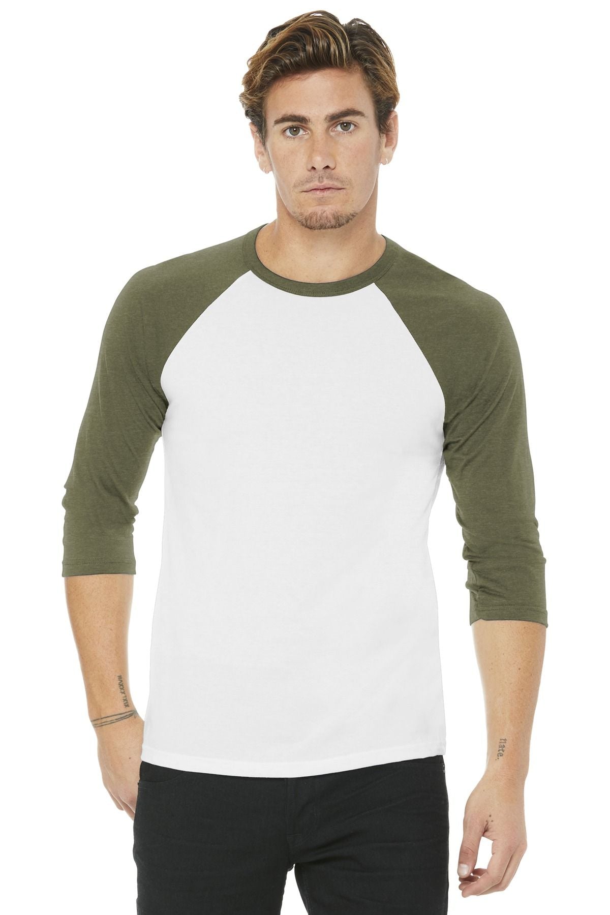 Unisex 3/4-sleeve baseball tee with white front and olive raglan sleeves